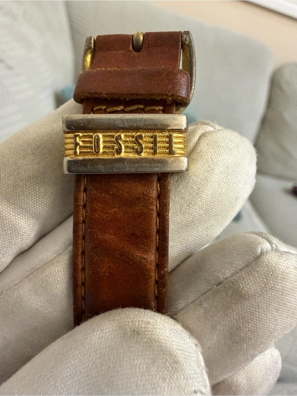 Vintage 90s Fossil RM2514 Watch Two Tone Gold T Bar Lugs Leather New Battery